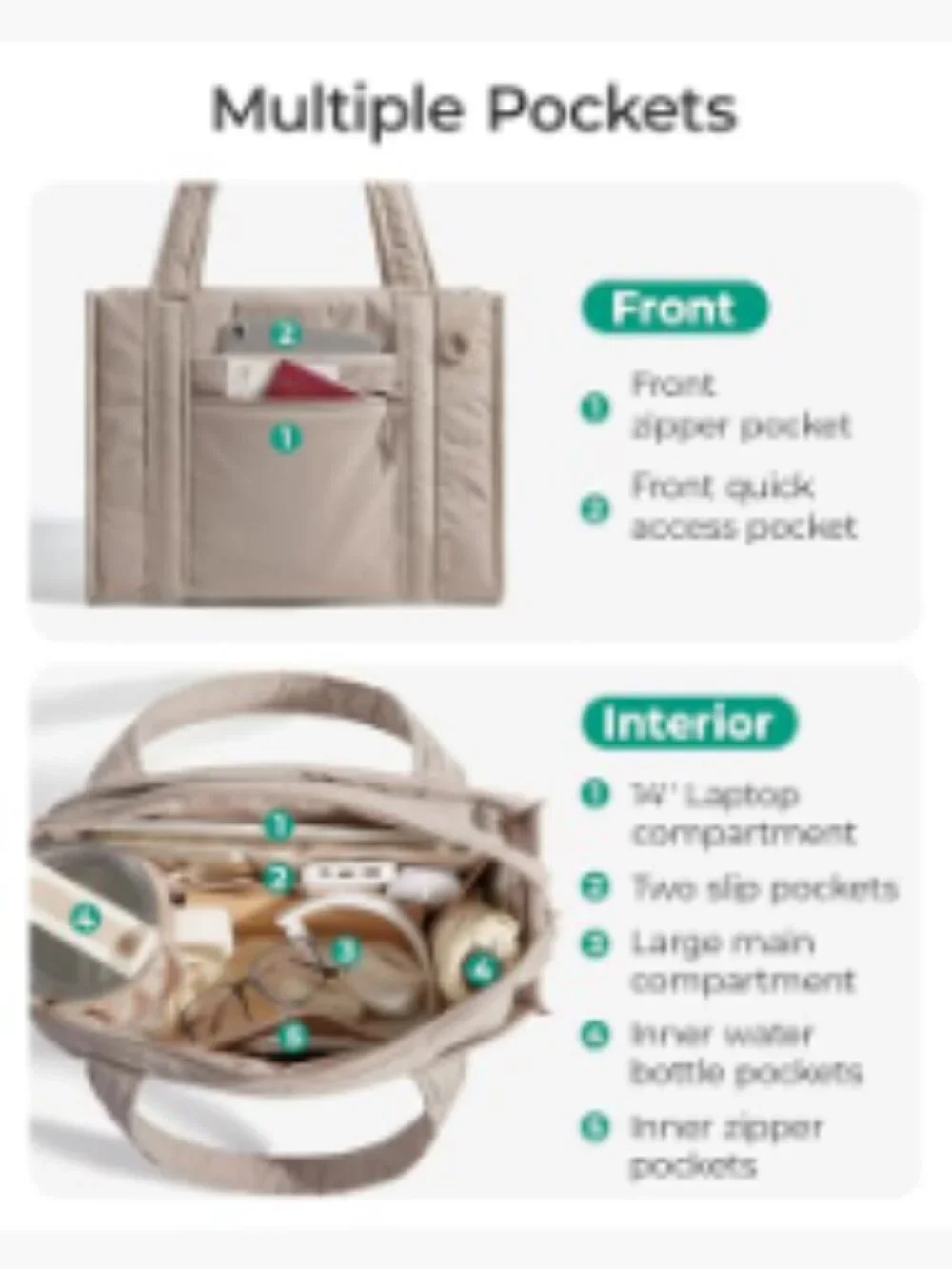 Quilted Puffer Tote Bag with Crossbody Strap, Water-Resistant Work Bag